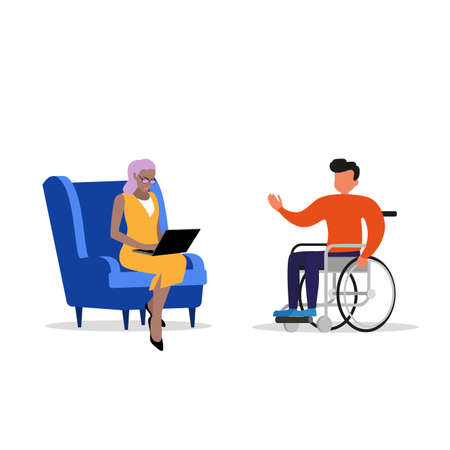 Psychological assistance for disabled people. Psychologist and patient in a wheelchair, assistance to disabled person, rehabilitation and support soldier after war. Vector illustrationのイラスト素材