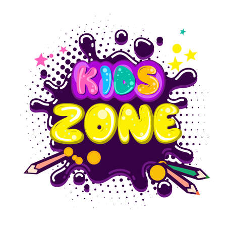 Kids zone inscription in cartoon style. Cartoon colorful card. Birthday fun entertainment. Vector kids room to play, illustration education or playroom posterのイラスト素材
