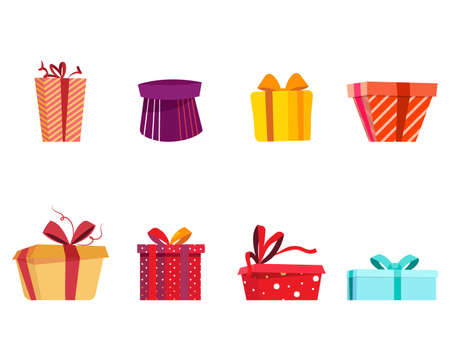 Gift set flat color with colored box. Set with colorful gift box on white background. Icon template. White background. Isolated design. Xmas present collection. Vector illustrationのイラスト素材