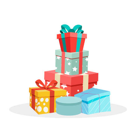 Heap of gifts in festive packaging. Pile giftboxes for xmas tree. Vector pile birthday box in colored wrapper illustrationのイラスト素材