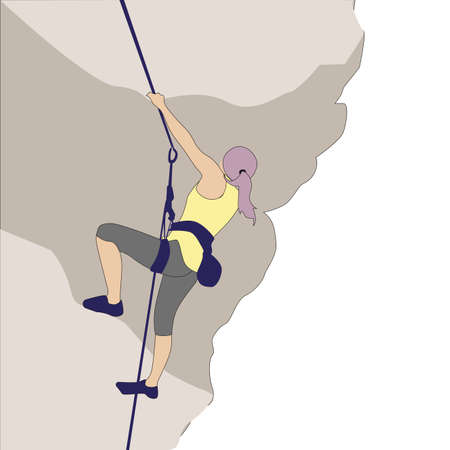 Girl climbing on rock, active hobby. Vector hobby activity, adrenalin exercise, freedom courage sport, rope climbing with equipment illustrationのイラスト素材