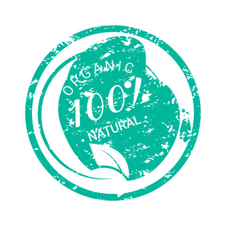 Organic natural stamp for guarantee eco warranty. Eco stamp imprint, guarantee seal distressed print green colored. Vector sticker certified textured illustrationのイラスト素材