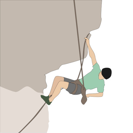 Mountaineer hanging on rock height, journey hike climb to summit, man active tourism, vector rock wall, climb mountain, accomplish rocky illustrationのイラスト素材