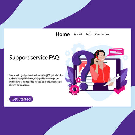 Support service FAQ landing page, operator call center. Vector help desk and support professional online assistance info, search faq for customer illustrationのイラスト素材