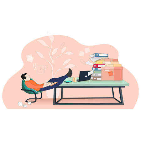 Lazy worker careless at workpalce, procrastinate concept. Vector lazy worker workpalce procrastinate in flat style. Cartoon flat illustration. Overworked professional and resting entrepreneurのイラスト素材