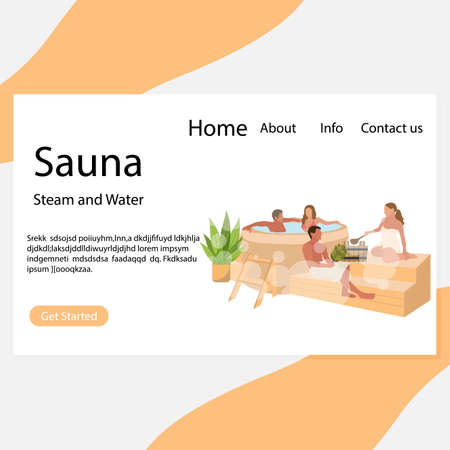 Sauna landing page, steam and water relax. Vector therapy in warm room, people rest wooden bench cartoon illustrationのイラスト素材