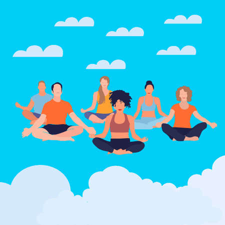 People meditate in pose lotus, soar in cloud sky. Vector meditation, exercise girl fitness illustrationのイラスト素材