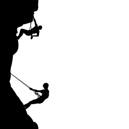 People climb on rock, black silhouette. Rock climber support partner on wall. Vector man climbing silhouette, activity and motivation on rock, sport extreme climber illustrationのイラスト素材