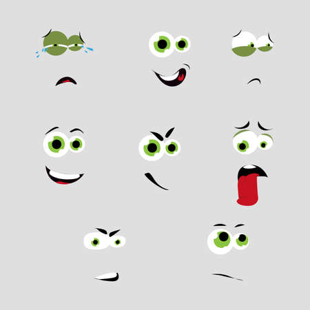 Eyes and mounth face, stick tongue out, smile and enjoy. Sad and confident, embarrassed and angry, facial cry and fury, upset and love. Vector illustrationのイラスト素材
