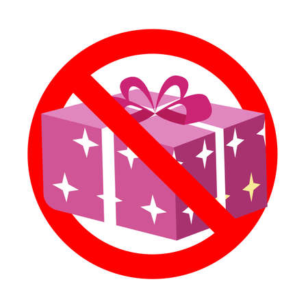 No gift to celebrate holiday and event concept, ban forbidden badge with present gift box, vector illustration badge no giftのイラスト素材