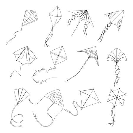 Kite fly linear style to sankranti makar, linestyle stroke kids toys various form and shape, high outdoor flying, active hobby toy entertainment. Vector illustrationのイラスト素材