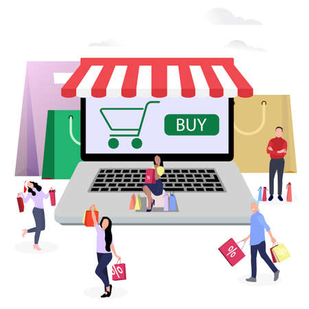 Shopping online, people buy in internet shop use laptop. Vector buying internet, smiling people with bag from market, buy in store and retail electronic illustrationのイラスト素材
