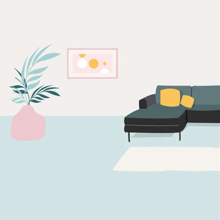 Living room interior with sofa flat design. Vector interior furniture, living room design, modern apartment with lamp and table illustrationのイラスト素材