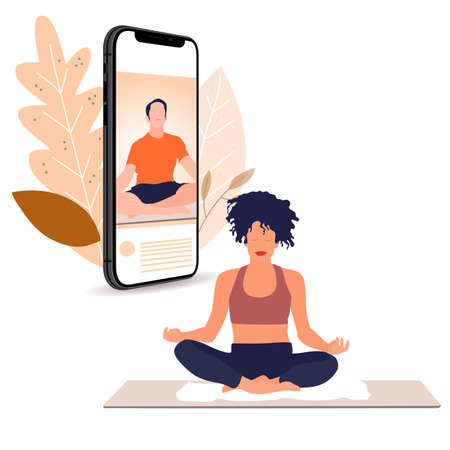 Yoga lesson online, stream live on smartphone. Vector live streaming on smartphone, video fitness and meditation, man teach lesson for slim girl, balance meditating blogger illustration.のイラスト素材