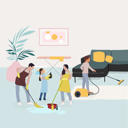 Family clean room together, father mother and kid wipe dust, vacuuming. Clean house illustration, domestic chores vectorのイラスト素材
