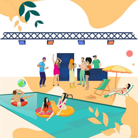 Pool party event, people dance and enjoy. Vector summer dance, character swimmer near swim, discotheque poolside, swimwear disco illustrationのイラスト素材