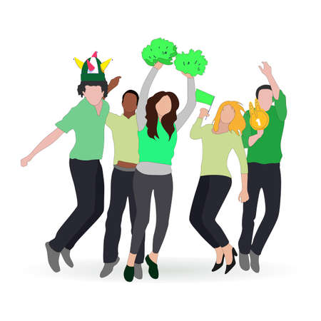 Football fans crowd with colored scarf enjoy and exciting, terrific public cooling, vector spectator team with paraphernalia teams, illustration happy peopleのイラスト素材