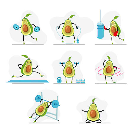 Avocado do sport, yoga and run, cute character healthy lifestyle, boxing and skipping rope, meditation and do exercises in gym. Vector avocado kawaii, exercise fit and workout, treadmill illustrationのイラスト素材