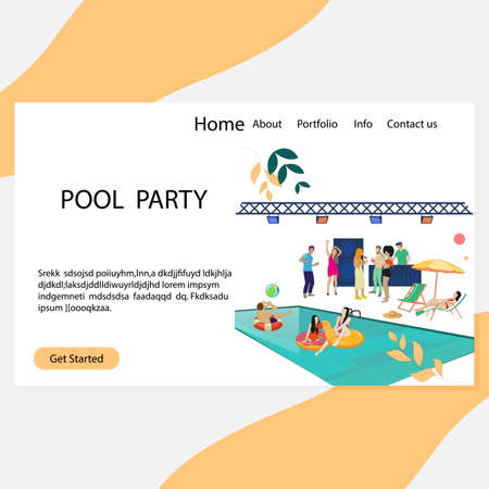 Pool party landing page, luxury and vip summer disco. Vector party disco, people dance and drink illustration. Elite club with pool and cool dj, vacation eventのイラスト素材