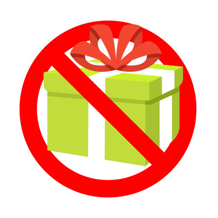 Prohibition present gift to holiday birthday event. Prohibitory surprise, package prohibition, no pack giving, ban 3d gift box, forbid celebrating. Vector illustrationのイラスト素材