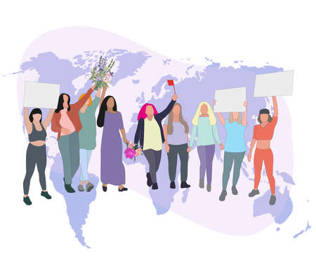 Manifestation gender, demonstration and protest, political rights feminist, rebellion and solidarity, fight and social riot, vector women picket, action people illustrationのイラスト素材