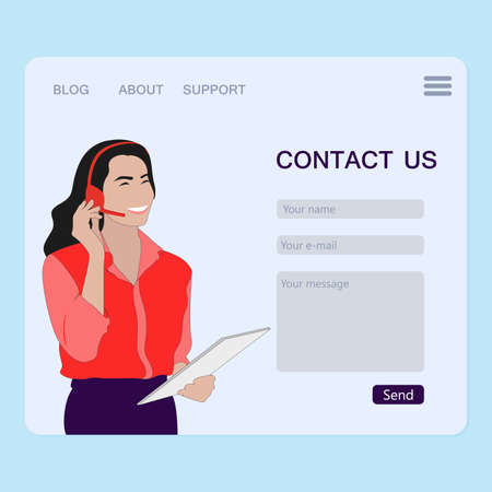 Contact us page, feed back and interface to send message. Vector hotline and feedback, phone chat, website online page, web operator support illustrationのイラスト素材