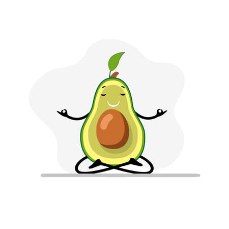 Avocado doing yoga, calm meditation and right breathe. Vecor concept concentration and relaxation, meditating sitting, diet harmony, yoga avocado, asana peaceful illustrationのイラスト素材