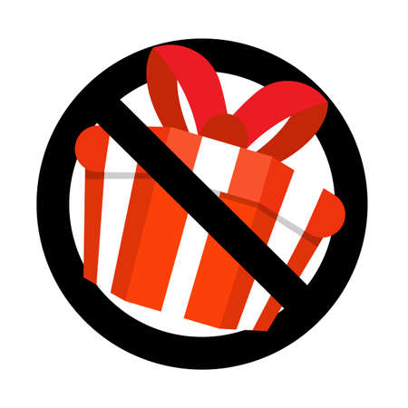 Prohibit sign and no gift and surprise, prohibitory present package, prohibition giving gift box with ribbon, ban celebrating party. Vector illustrationのイラスト素材