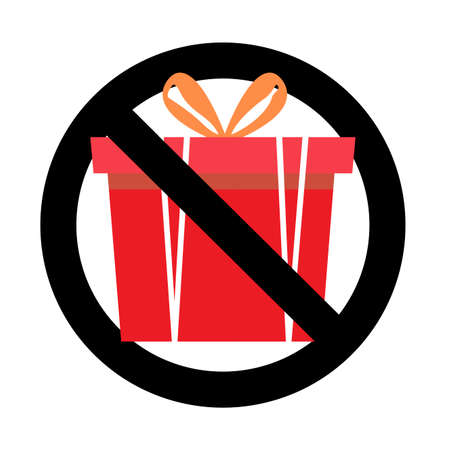 Prohibit sign and no gift and surprise, prohibitory present package, prohibition giving gift box with ribbon, ban celebrating party. Vector illustrationのイラスト素材