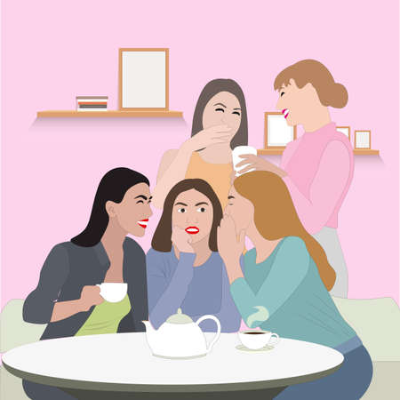 Young women friends gossip, concept female friendship and meeting. Vector friends in cafe and coffee lunch, drink and chat meeting, girls hang out illustrationのイラスト素材