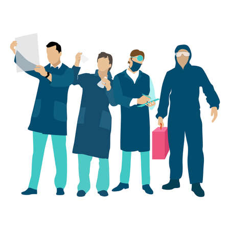 Medical front line, doctors and nurse, scientist. Vector emergency care and support illustration. Staff team clinicのイラスト素材