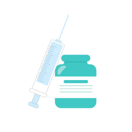 Vaccine and syringe, clinical vial and care for shot, pharmacy concept, vector drug for immunity illustrationのイラスト素材