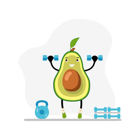 Fitness avocado in gym with dumbbells. Vector weightlifting exercise, organic and natural workout, vegan healthy and active illustration. Nutrition fat and health, funny cartoon nature strongのイラスト素材