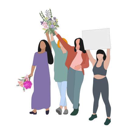 Women group with flowers and placards, struggle for peace and woman rights. Female crowd with banner, gender team cartoon, lady movement sisterhood illustrationのイラスト素材