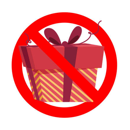 Prohibit icon, no gift and surprise, prohibitory symbol, no package, prohibition giving gift box, emblem for invitation ban celebrating party. Vector illustrationのイラスト素材