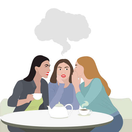 Woman friendship, girls gossip with cup of coffee. Friends hang out together, lady surprise expression from gossiping, vector illustrationのイラスト素材