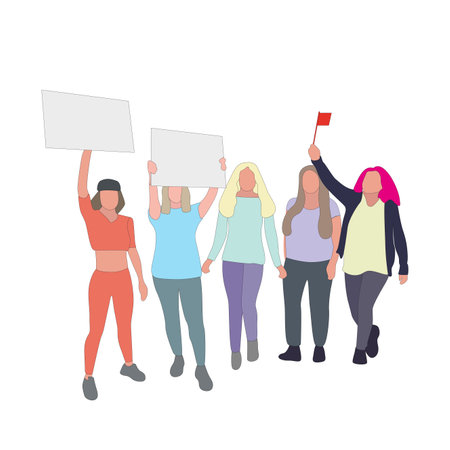 Women voting rights, politics activism, public feminist parade. Intersectional feminism manifestation, democracy action women against misogyny, public picket and fight. Vector illustrationのイラスト素材