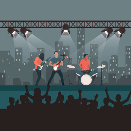 Rock concert festival, popular band on stage, cartoon fans and spectators listen to music, entertainment show and world tour. Vector rock and roll, punk or metal, singer and spectators illustrationのイラスト素材