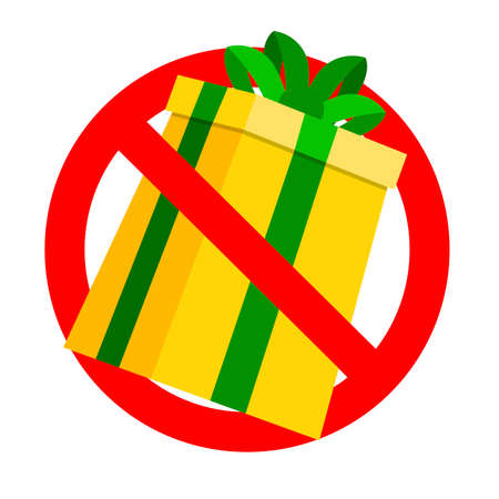 Prohibit sign and no gift and surprise, prohibitory present package, prohibition giving gift box with ribbon, ban celebrating party. Vector illustrationのイラスト素材