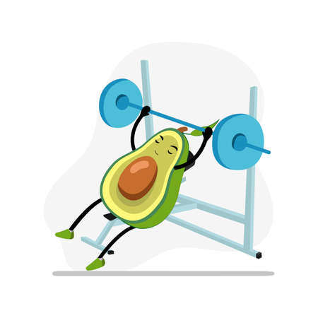 Avocado in gym bench press, character cute active, funny food, nature nutrition, doing sport and fitness. Vector illustrationのイラスト素材