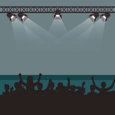 Empty stage with fans and spectates, concert festival or musical event. Show stage club, illuminated empty, shine spotlight, bright scene illumination to concert. Vector illustrationのイラスト素材