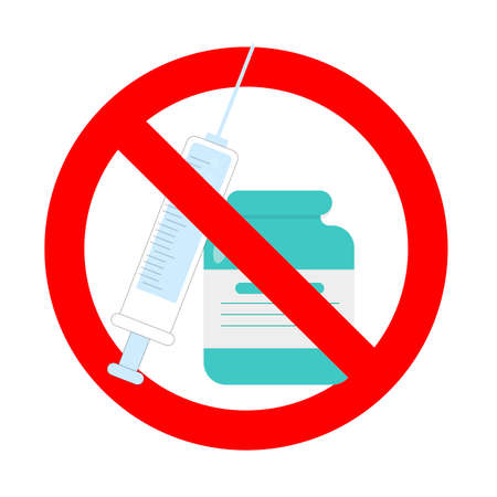 Ban vaccine, poster caution and protest, protection health, pharmacy attention, badge ban inject and shot, stop vaccination coronavirus and influenzaのイラスト素材