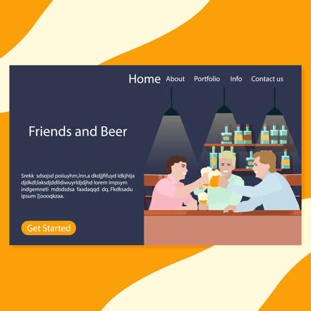 Friends and beer landing page pub. Illustration beer party, friday together drinking, drink and cheers page pub, talking men in bar vectorのイラスト素材