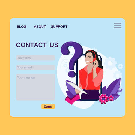 Contact page for feedback, website page, customer claim interface, support form to communication, service call, email and message. Vector illustrationのイラスト素材