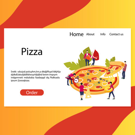 Pizzeria web landing page, website to make order, fast ordering delicious pizza for friends. Template page for italian fast food, take slice and tasty mozzarella. Vector illustrationのイラスト素材