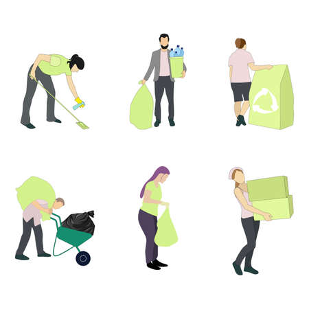 Woman man collect waste and garbage, pick up trash in packet. Illustration cleaning garbage and trash, waste collecting and pick up, safe ecology and environment vectorのイラスト素材