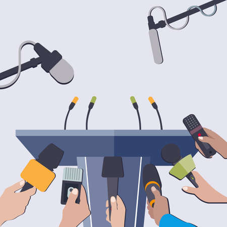 Rostrum with microphones to interview, press conference and claim. Vector stage for news and mass communication media, journalism and broadcasting conference illustrationのイラスト素材