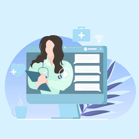 Online doctor consultation. Vector app to take care health, remote examination and visit diagnosis, doctor digital help illustrationのイラスト素材
