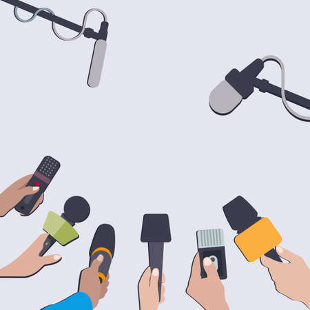Press conference and interview, journalism broadcasting, recorder and microphone, reporter communication, banner for news and report. Vector illustrationのイラスト素材