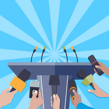 Rostrum with microphones for press release famous person or politician. Vector announcement for multimedia, journalist and press news reportage, recorder report or presentation illustrationのイラスト素材